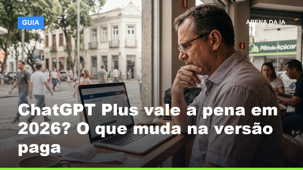 Freelancer brasileiro avaliando se ChatGPT Plus vale a pena antes de assinar plano no laptop em café