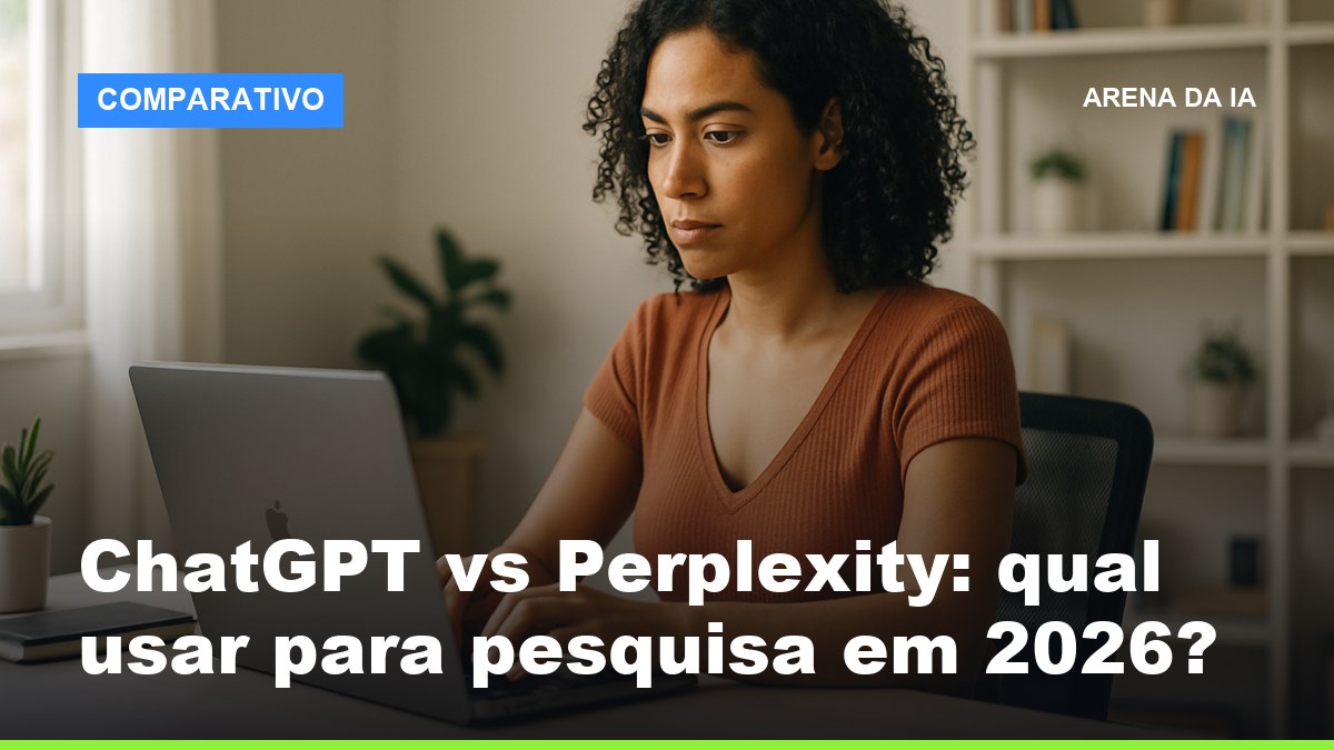Mulher brasileira comparando ChatGPT e Perplexity no laptop em escritório home office iluminado