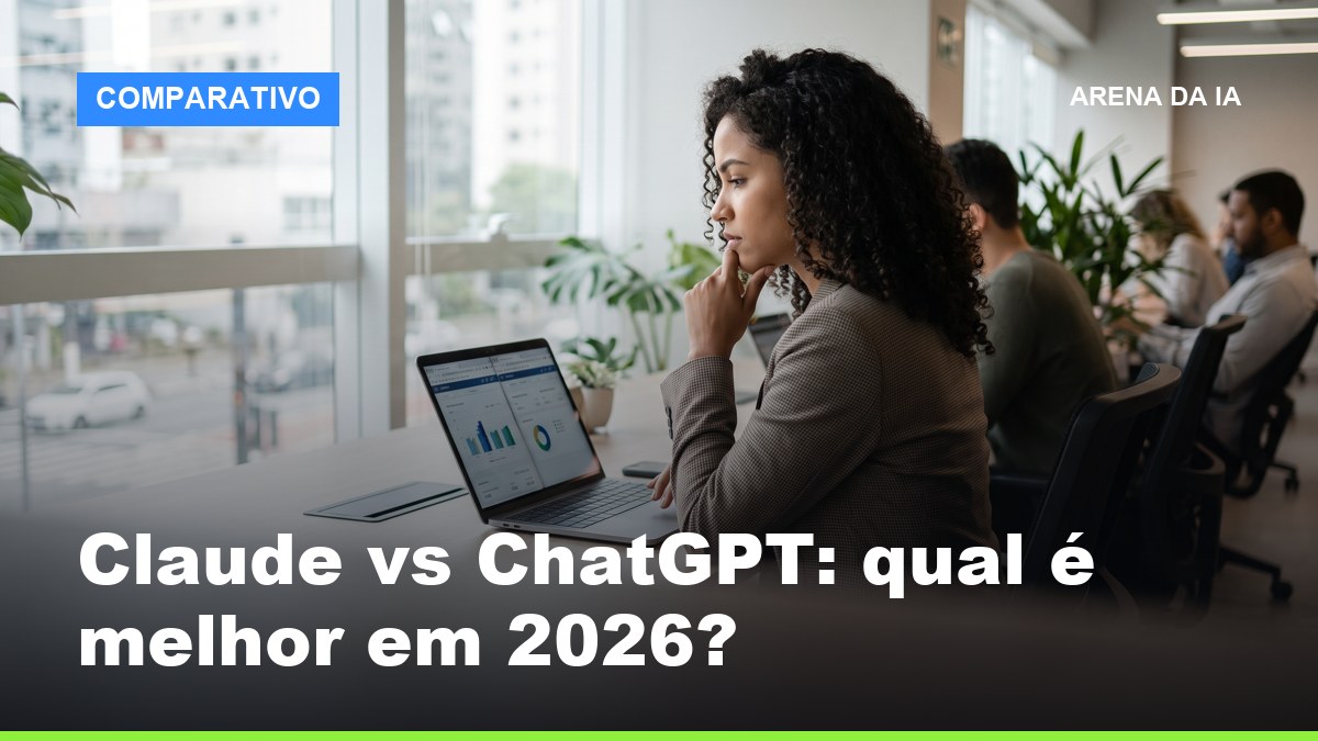 Profissional brasileiro comparando Claude vs ChatGPT em duas abas do navegador em mesa moderna
