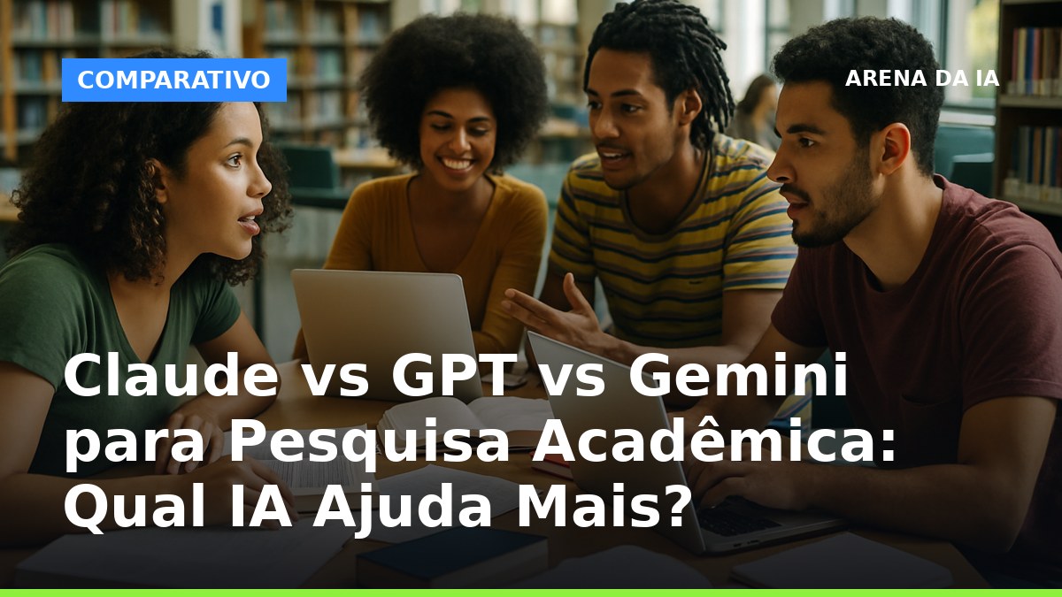 Estudantes brasileiros analisando artigos acadêmicos com laptops, comparando Claude, GPT e Gemini para pesquisa