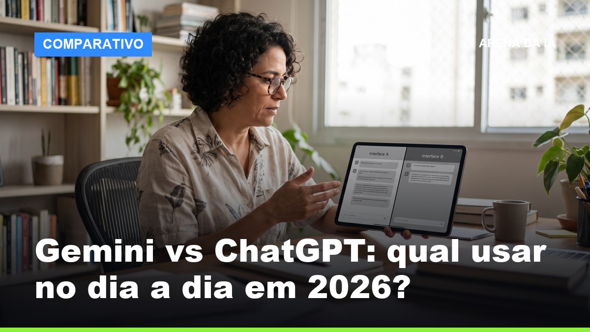 Profissional brasileiro avaliando Gemini vs ChatGPT em tablet em home office com luz natural