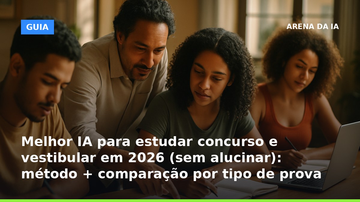Melhor IA para estudar concurso e vestibular em 2026 sem alucinar: estudante usando IA com caderno e laptop